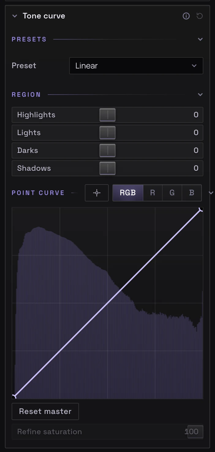 The Tone curve panel: a Linear preset, four region sliders and the RGB point curve over the histogram.