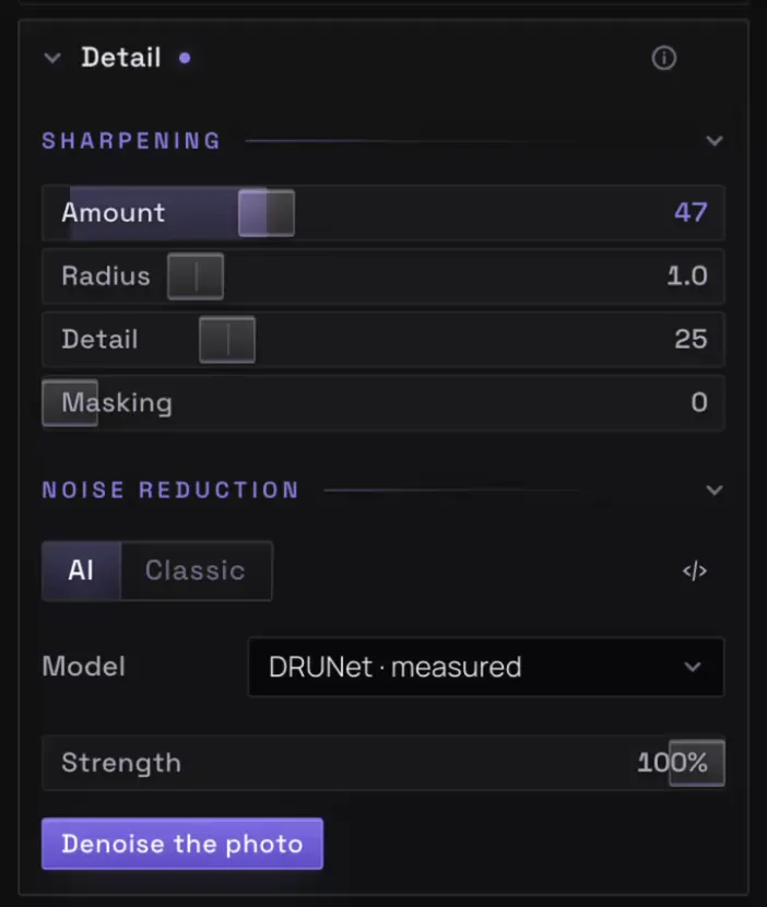 The Detail panel switching between AI noise reduction, with the DRUNet model and a Denoise the photo button, and classic noise reduction sliders.