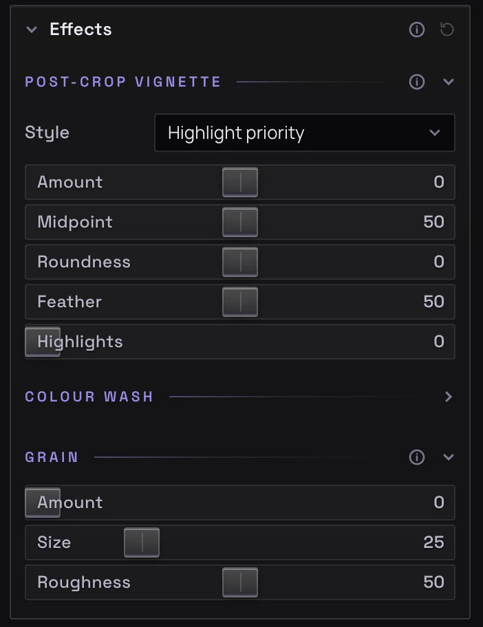 The Effects panel: post-crop vignette with a Highlight priority style, Colour wash, and grain sliders.