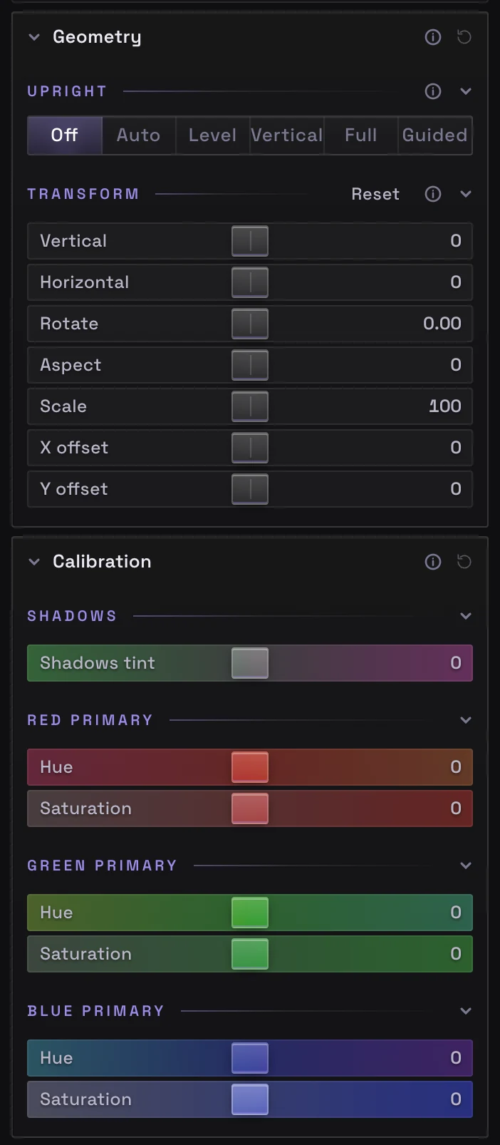 The Geometry panel with Upright modes and Transform sliders, above the Calibration panel with shadow tint and red, green and blue primaries.