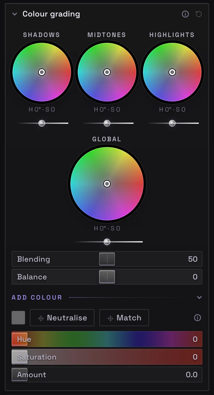 The Colour grading panel: shadow, midtone, highlight and global wheels, Blending and Balance, and Add colour.