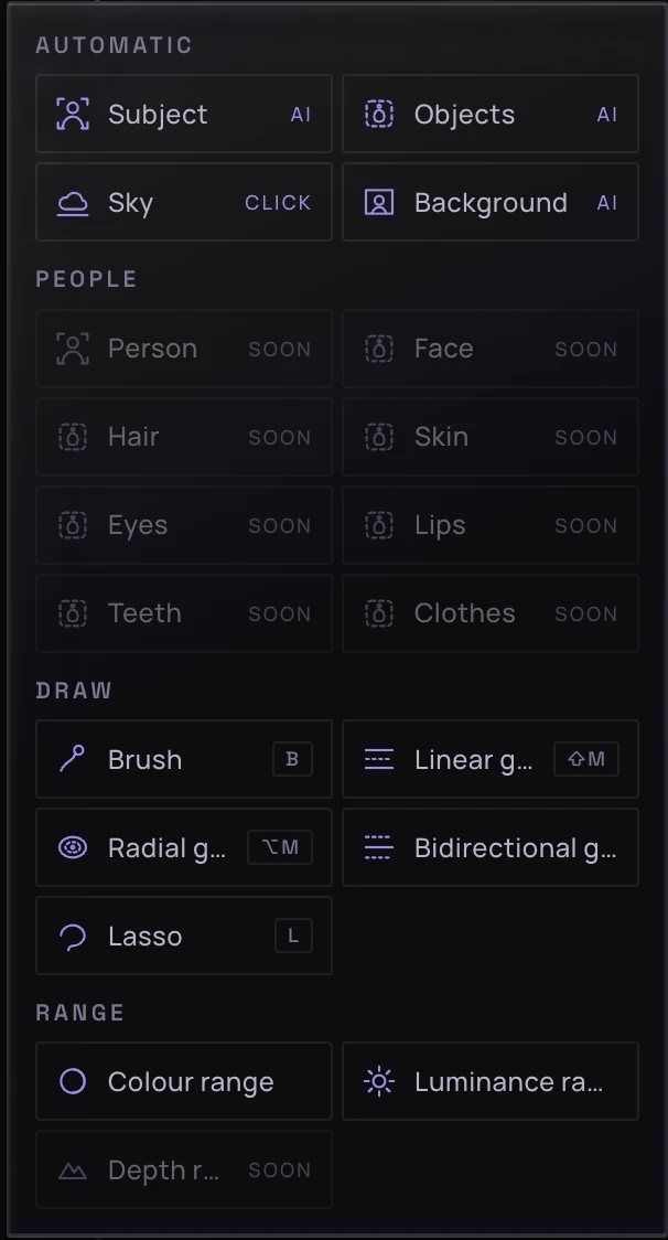 The new-mask menu: Subject, Objects, Sky and Background; people masks marked soon; brush, linear, radial and bidirectional gradients and lasso; colour and luminance range.