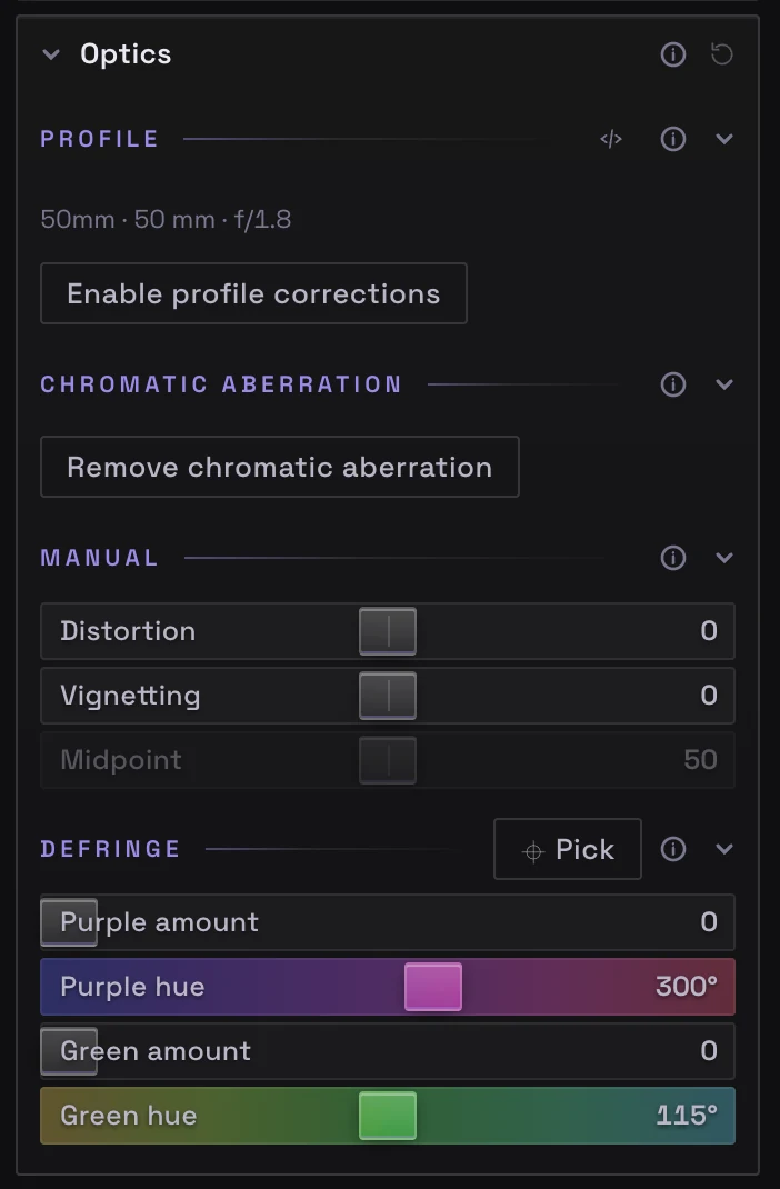 The Optics panel: a 50 mm f/1.8 lens recognised, chromatic aberration removal, manual distortion and vignetting, and purple and green defringe.