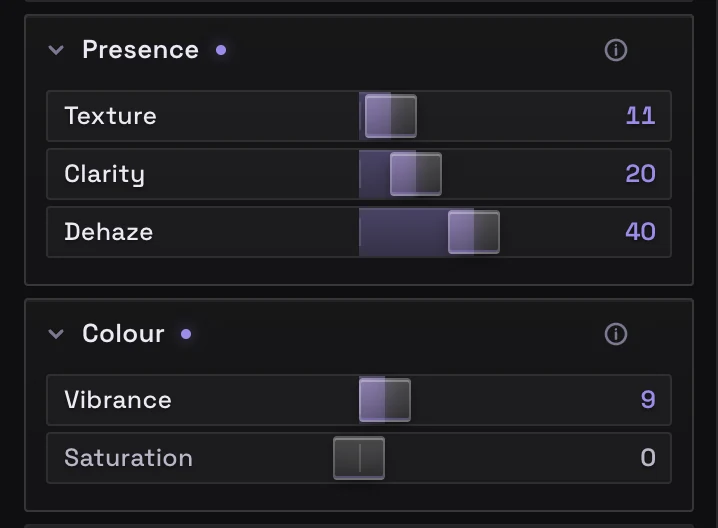 The Presence and Colour panels: Texture 11, Clarity 20, Dehaze 40 and Vibrance 9.